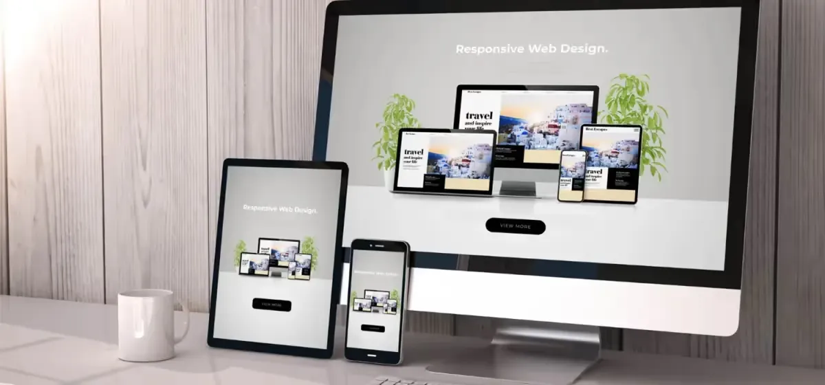 Site web affiché sur ordinateur, tablette et smartphone illustrant le responsive design
