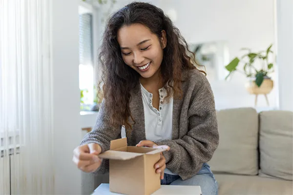 Cliente souriante ouvrant un colis après une commande en ligne