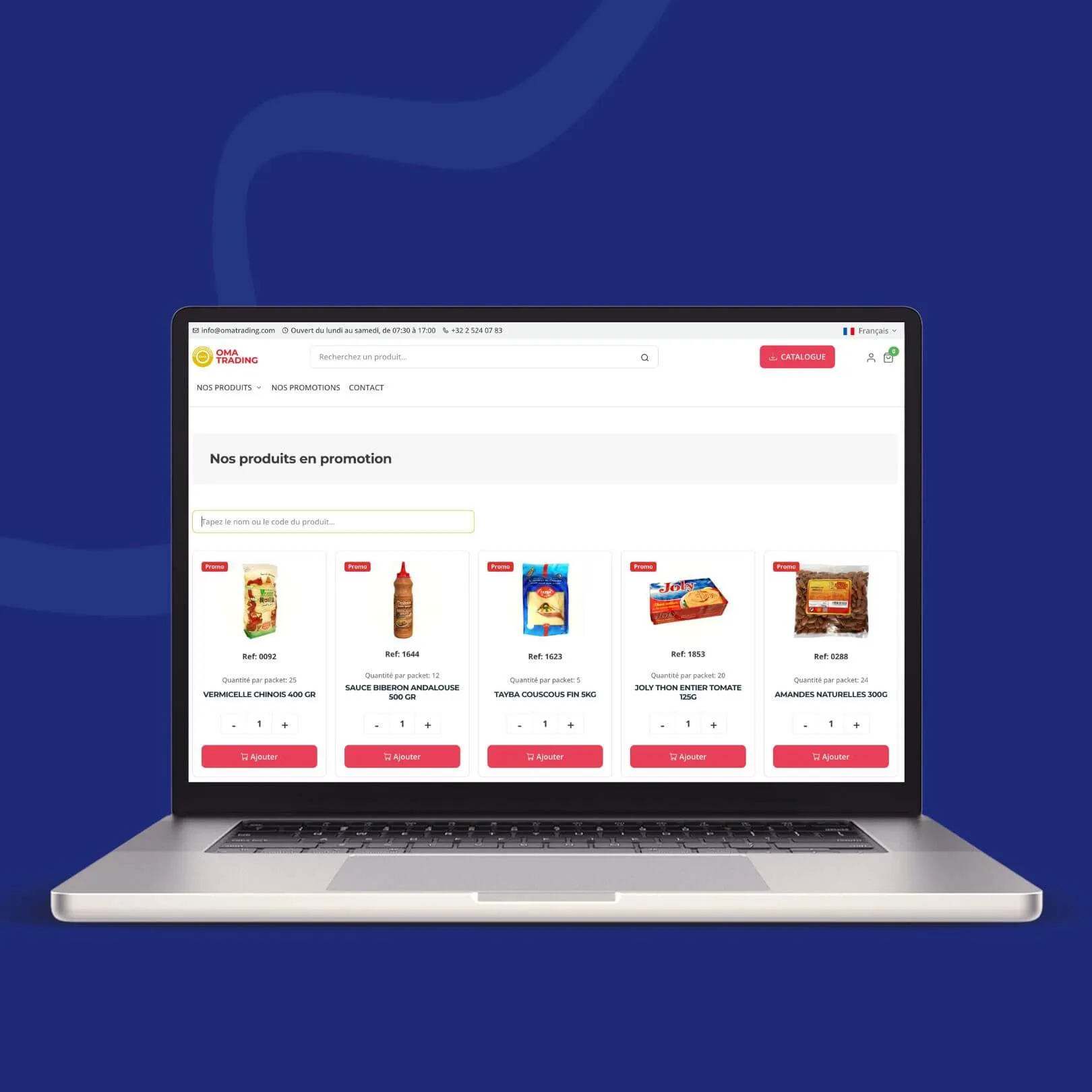 Page d’accueil Oma Trading avec mise en avant produit