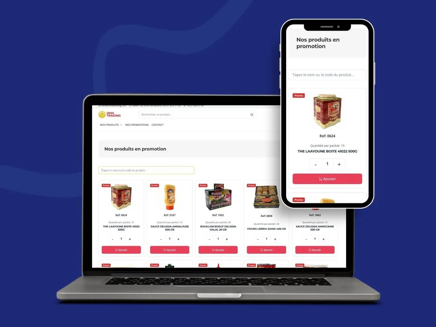 Aperçu de la boutique en ligne OMA Trading avec catalogue et détails produits en modal
