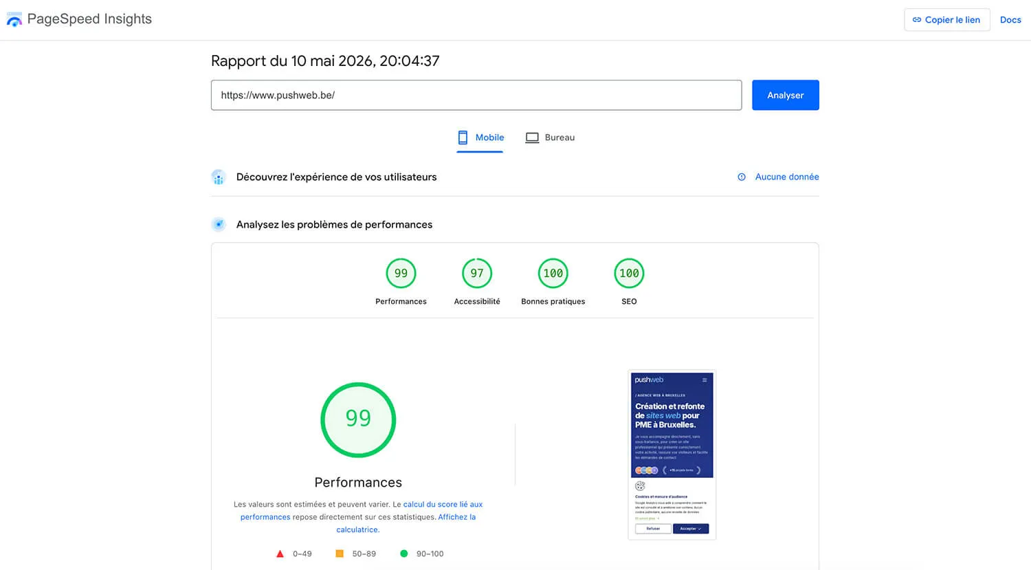 Rapport PageSpeed Insights mobile affichant le score de performance et les Core Web Vitals d'une page web