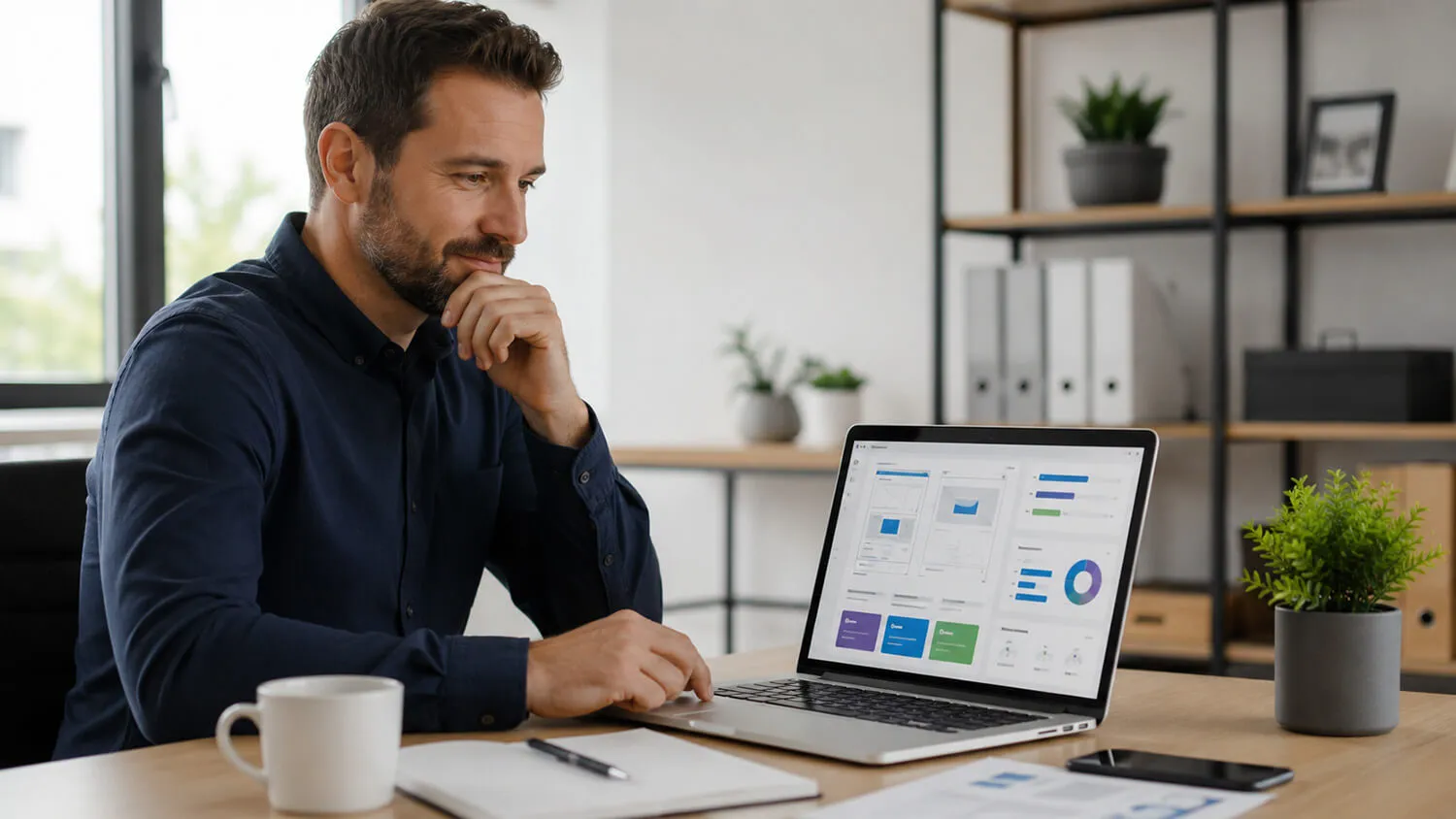Indépendant ou dirigeant de PME comparant le budget d'un projet de site internet sur un ordinateur portable dans un bureau moderne